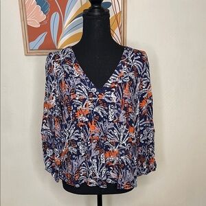 Maeve by Anthropologie Cathy Pleated Blouse Blue Jungle Print Size S
